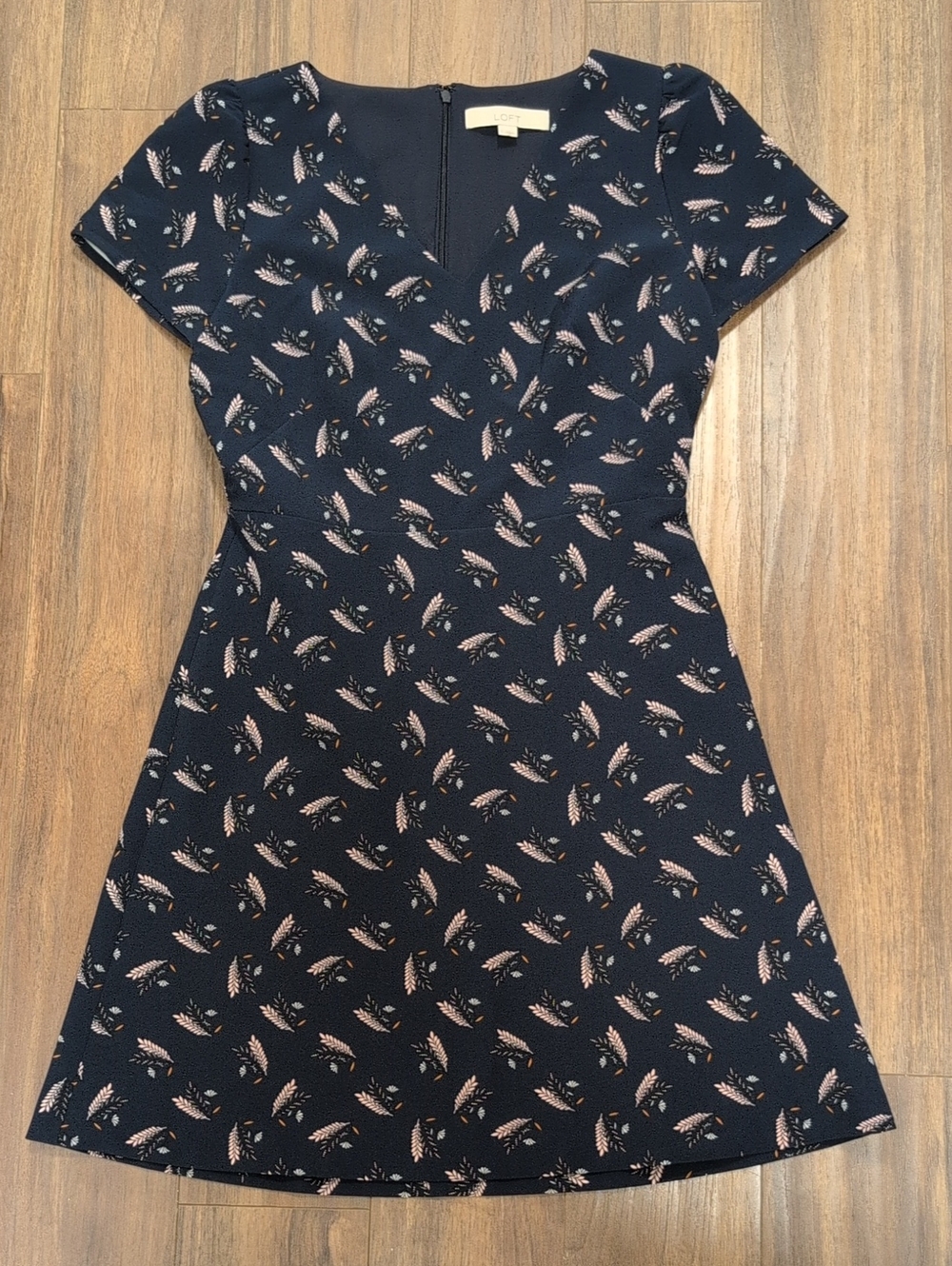 LOFT Navy V-Neck A-Line Dress with Blush Floral Leaf Motif